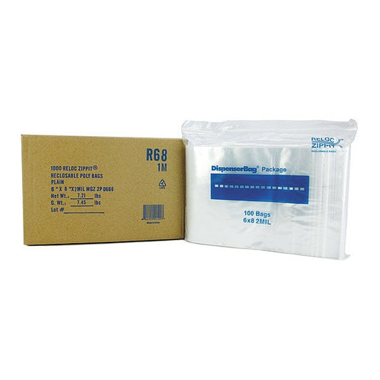 Reclosable Poly Bag, Zip Seal, 8 in L, 6 in W, 2 mil Thick, Polyethylene, Clear