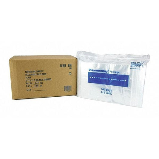 Reclosable Poly Bag, Zip Seal, 9 in L, 6 in W, 2 mil Thick, Polyethylene, Clear