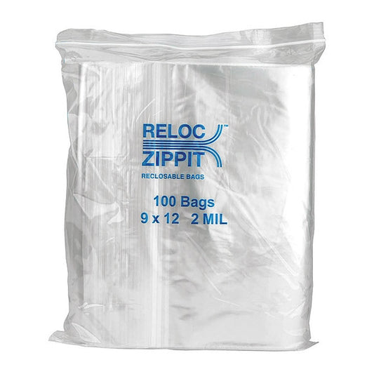 Reclosable Poly Bag, Zip Seal, 12 in L, 9 in W, 2 mil Thick, Polyethylene, Clear