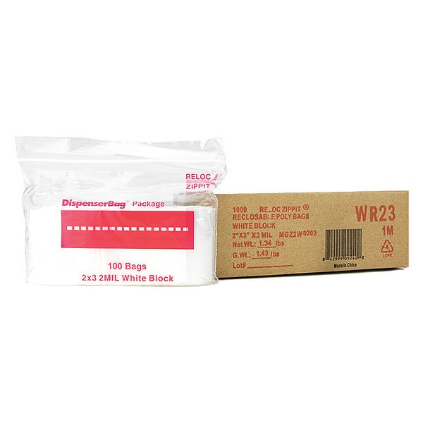 Reclosable Poly Bag, Zip Seal, 3 in L, 2 in W, 2 mil Thick, Polyethylene, Clear