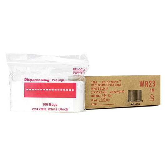 Reclosable Poly Bag, Zip Seal, 3 in L, 2 in W, 2 mil Thick, Polyethylene, Clear