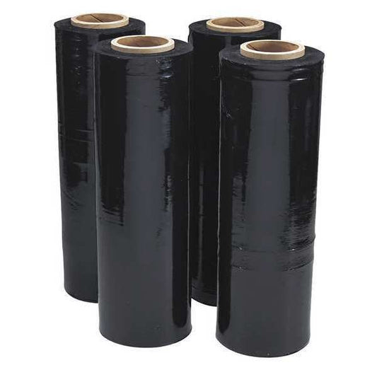 Black Stretch Film, 18"x1,500ft Roll, PK4, 18" W x 1,500 ft L, Semi-Opaque Black