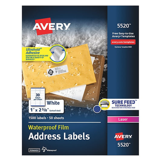 Avery® WeatherProof™ Mailing Labels with TrueBlock® Technology for Laser Printers 5520, 1" x 2-5/8", 1500PK