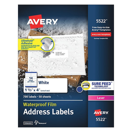 Avery® WeatherProof™ Mailing Labels with TrueBlock® Technology for Laser Printers 5522, 1-1/3" x 4", Box of 700