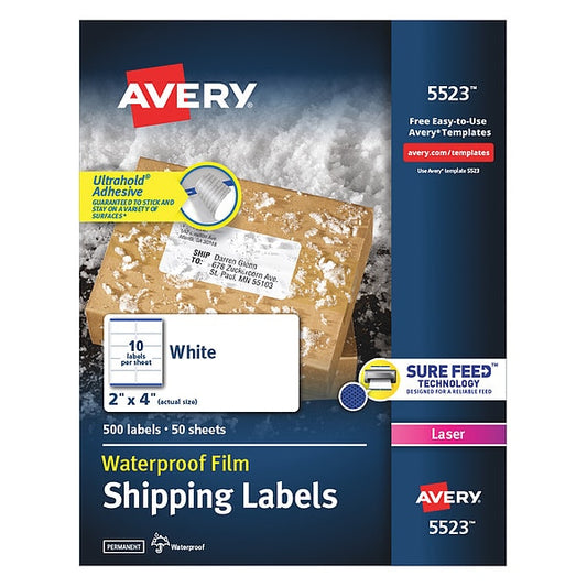 Avery® WeatherProof™ Mailing Labels with TrueBlock® Technology for Laser Printers 5523, 2" x 4", Box of 500