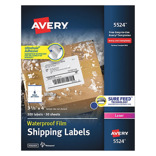 Avery® WeatherProof™ Mailing Labels with TrueBlock® Technology for Laser Printers 5524, 3-1/3" x 4", Box of 300