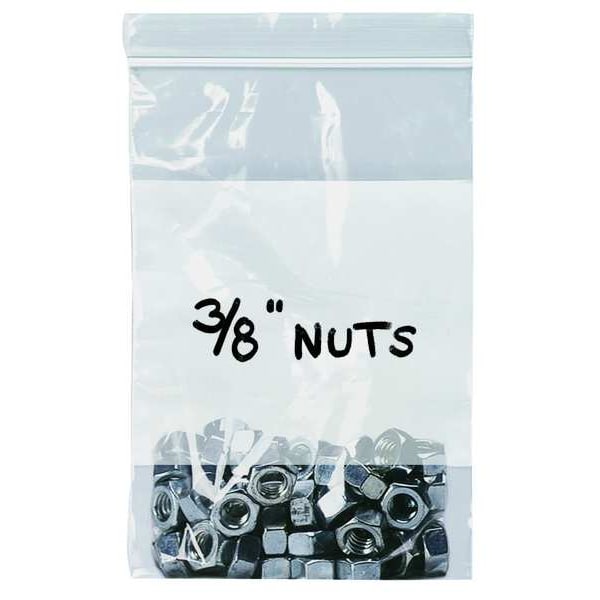 Reclosable Poly Bag, Zip Seal, 5 in L, 3 in W, 2 mil Thick, Low Density Polyethylene (LDPE), Clear