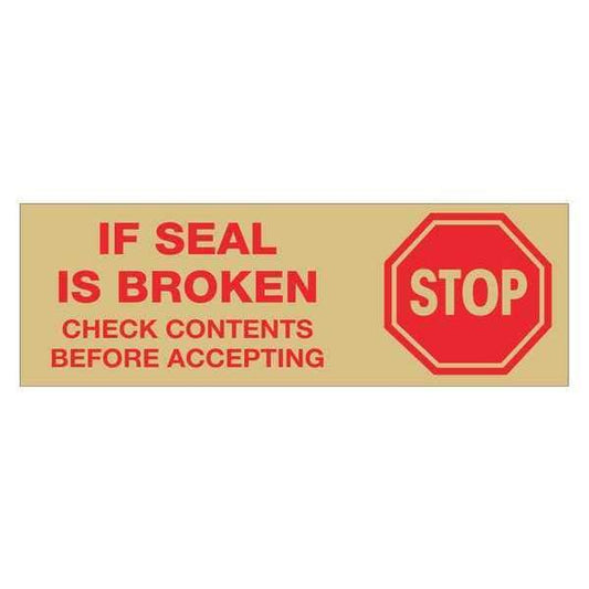 Tape Logic® Pre-Printed Carton Sealing Tape, "Stop If Seal Is Broken...", 2.2 Mil, 2" x 110 yds., Red/Tan, 36/Case