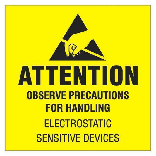 Tape Logic® Labels, "Attention - Observe Precautions", 4" x 4", Black/Yellow, 500/Roll