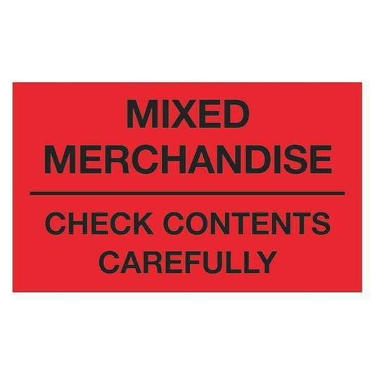 Tape Logic® Labels, "Mixed Merchandise - Check Contents Carefully", Fluorescent Red, 500/Roll