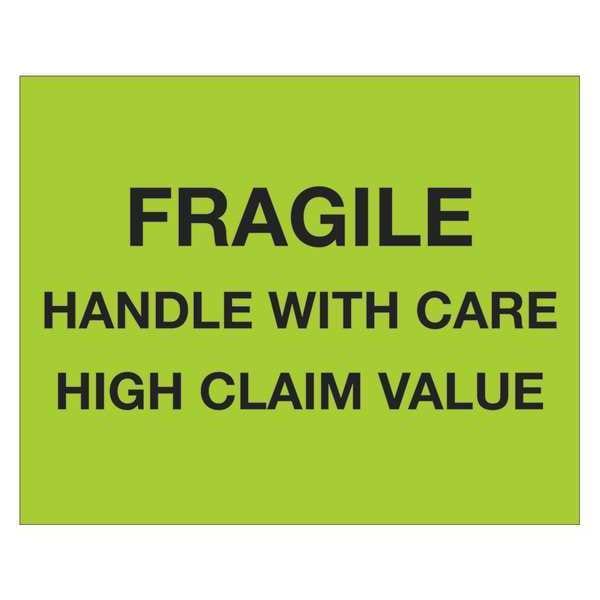 Tape Logic® Labels, "Fragile Handle With Care - High Claim Value", 8" x 10", Fluorescent Green, 250/Roll