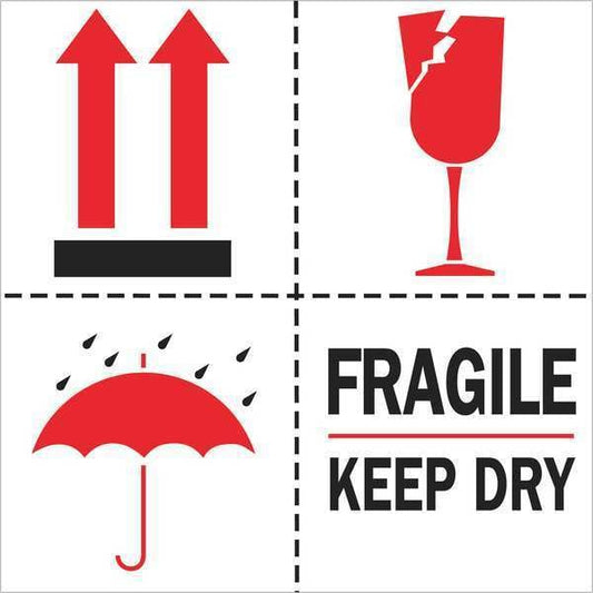 Tape Logic® Labels, "Fragile - Keep Dry", 4" x 4", Red/White/Black, 500/Roll