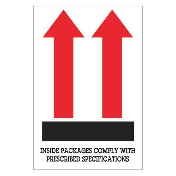 Tape Logic® Labels, "Inside Packages Comply…", Arrow, 4" x 6", Red/White/Black, 500/Roll