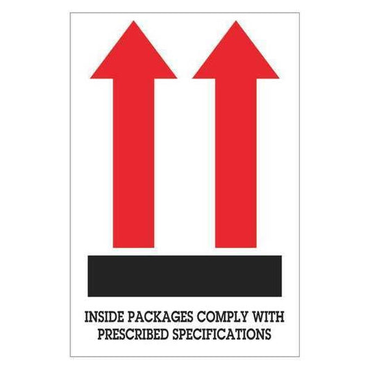 Tape Logic® Labels, "Inside Packages Comply…", Arrow, 4" x 6", Red/White/Black, 500/Roll