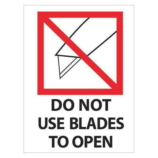 Tape Logic® Labels, "Do Not Use Blades to Open", 3" x 4", Red/White/Black, 500/Roll