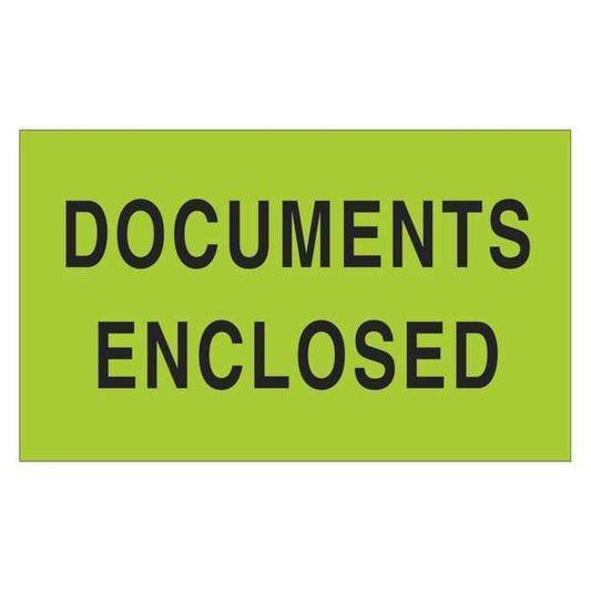 Tape Logic® Labels, "Documents Enclosed", 3" x 5", Fluorescent Green, 500/Roll