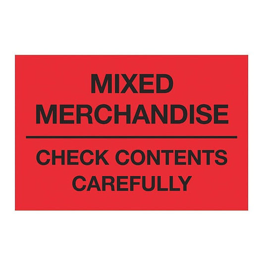 Tape Logic® Labels, "Mixed Merchandise Check Contents Carefully", 2 x 3", Fluorescent Red, 500/Roll