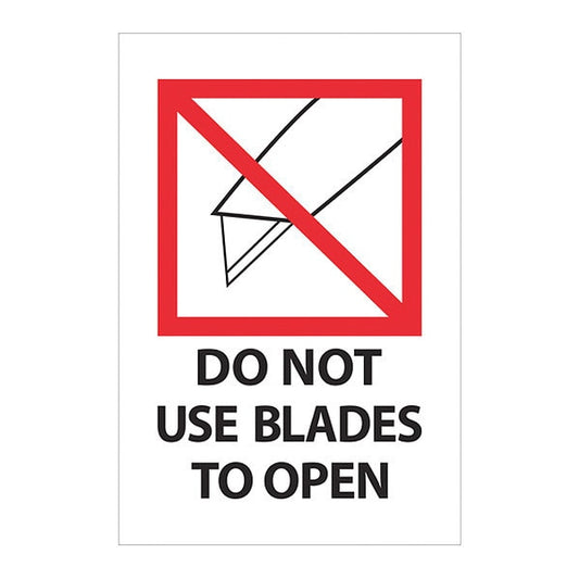 Tape Logic® Labels, "Do Not Use Blades to Open", 4 x 6", Red/White/Black, 500/Roll