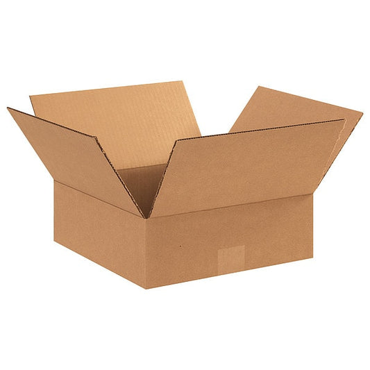 Shipping Box Flat, Single Wall, Inside 12 in L x 12 in W x 4 in H, Corrugate, Color: Kraft