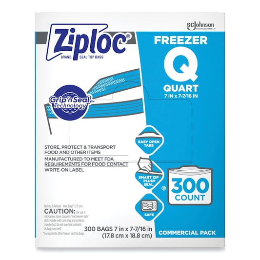 Double Zipper Freezer Bags, 1 qt, 2.7 mil, 7" x 7.75", Clear, PK300