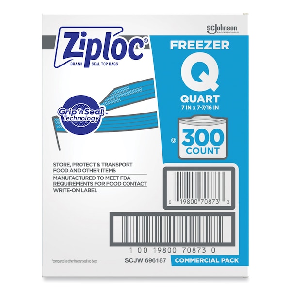 Double Zipper Freezer Bags, 1 qt, 2.7 mil, 7" x 7.75", Clear, PK300